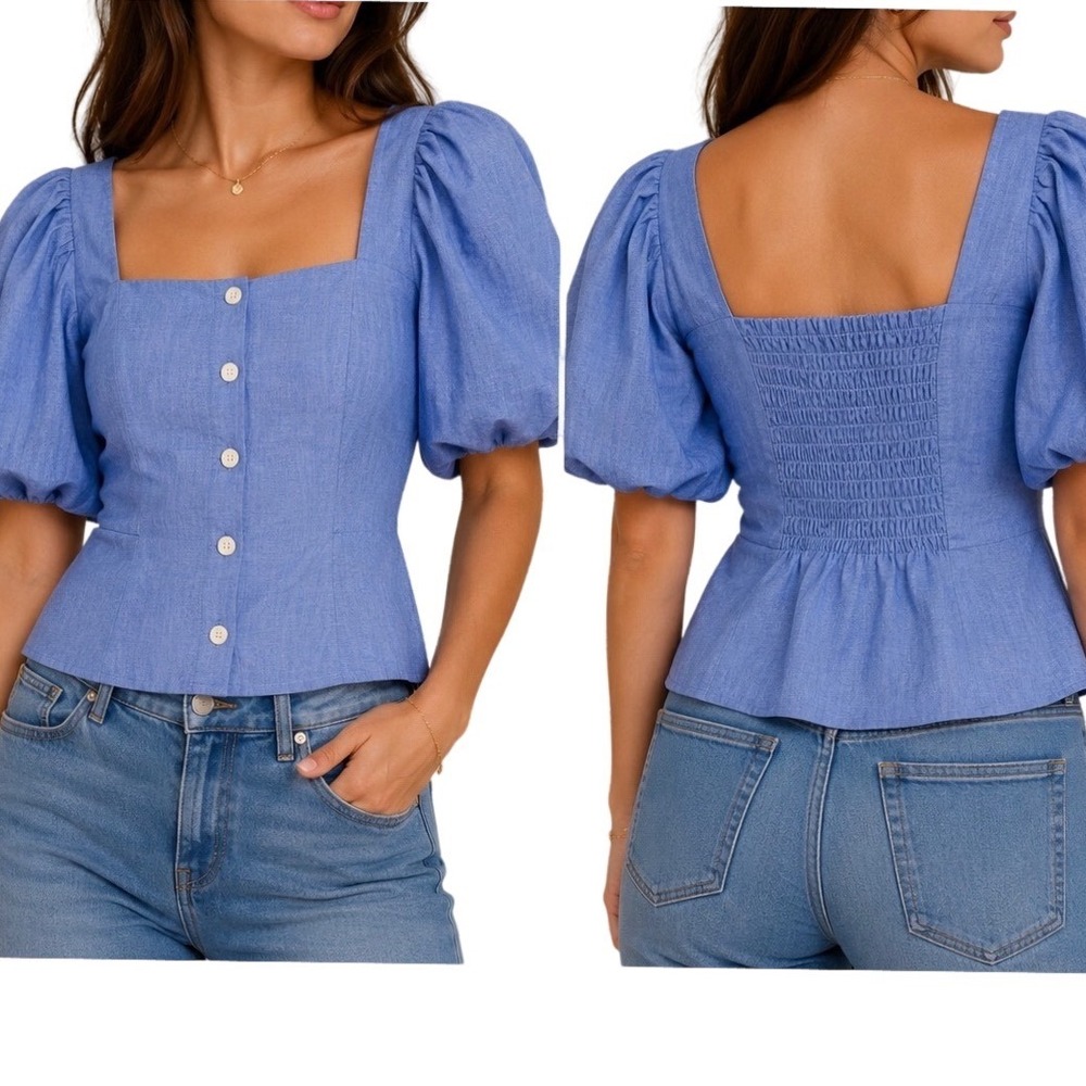 SANDRO Blouse Top Womens 1 Blue Smoked Back Puff Sleeve Square Neck Button Front